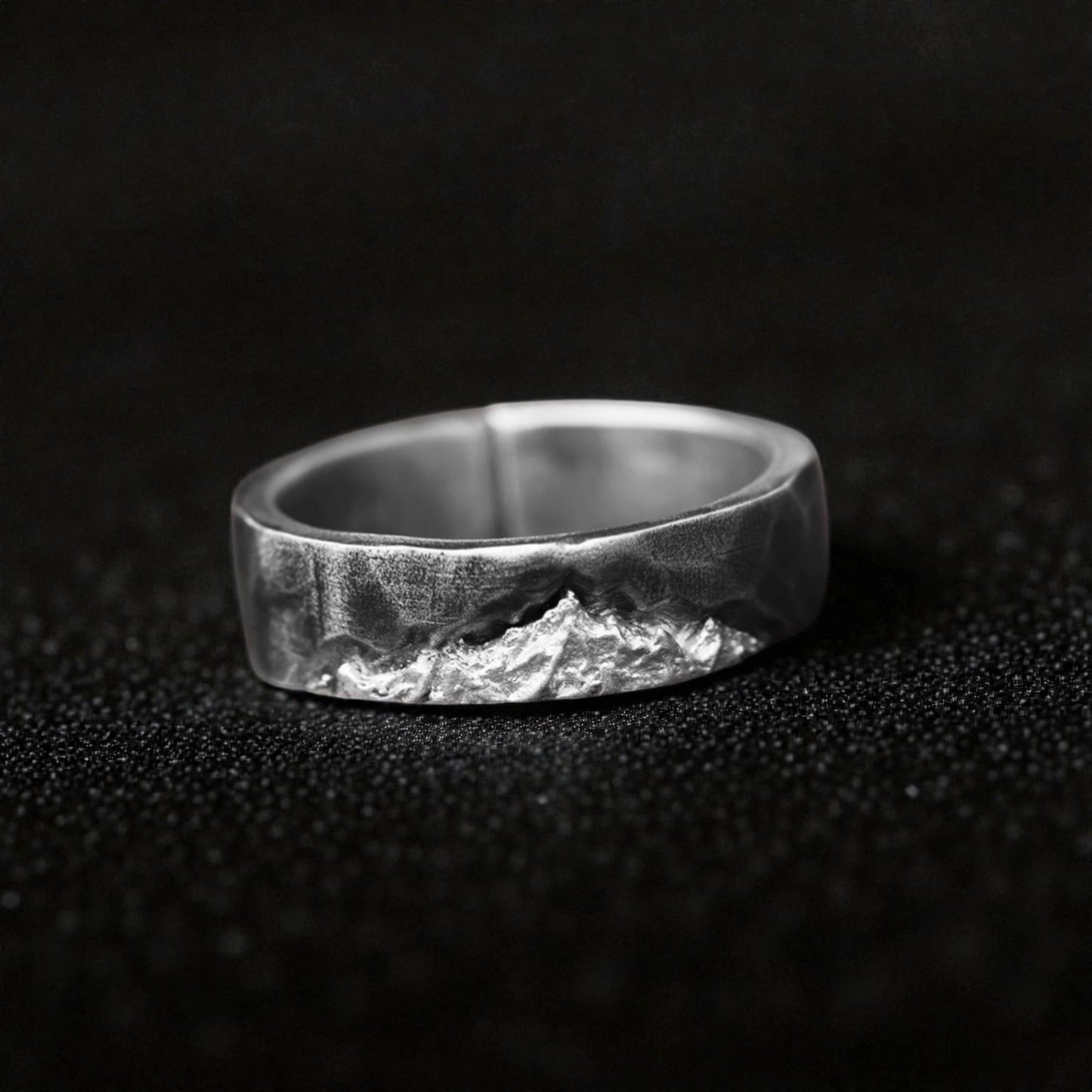S999 Fine Silver Rustic Snow Mountain Landscape Minimalist Unisex Ring