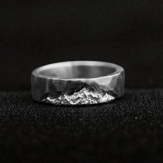 S999 Fine Silver Rustic Snow Mountain Landscape Minimalist Unisex Ring