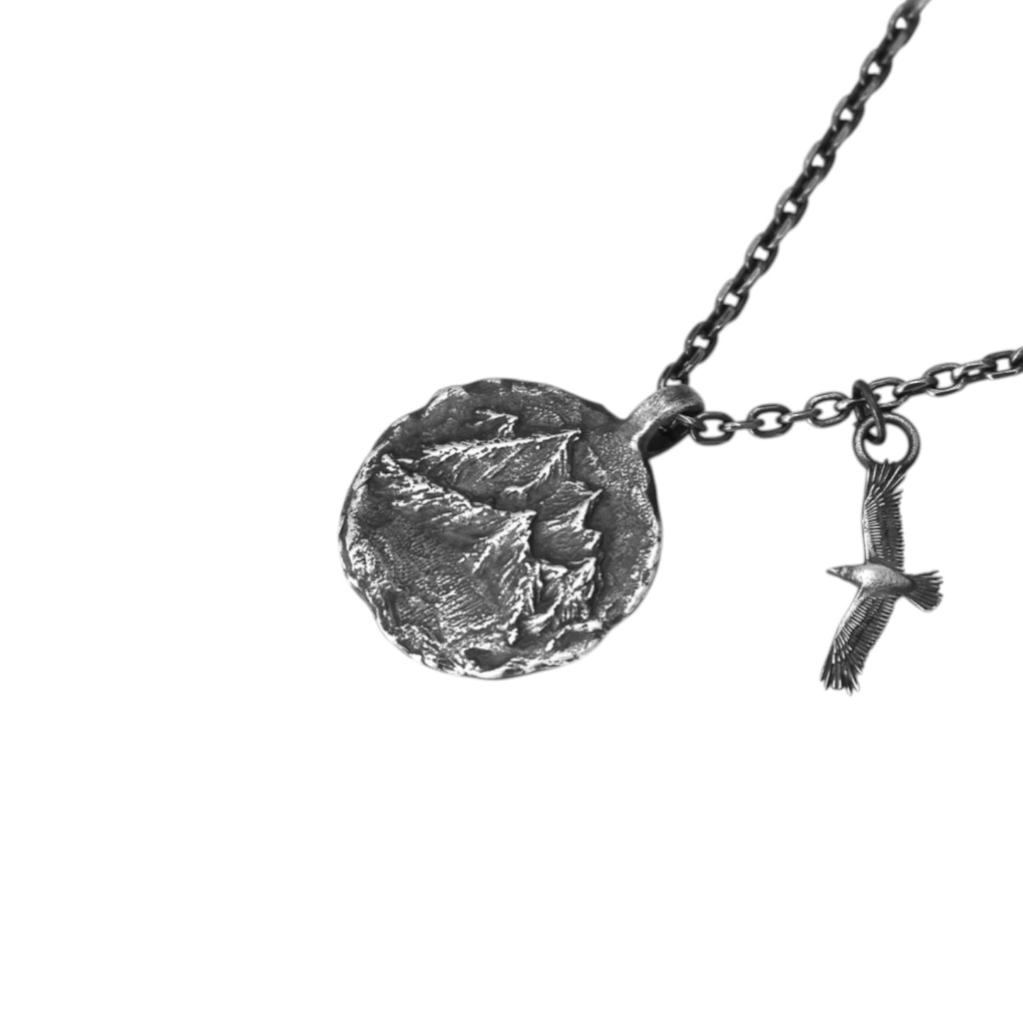 S999 Fine Silver Mountain and Eagle Pendant Necklace