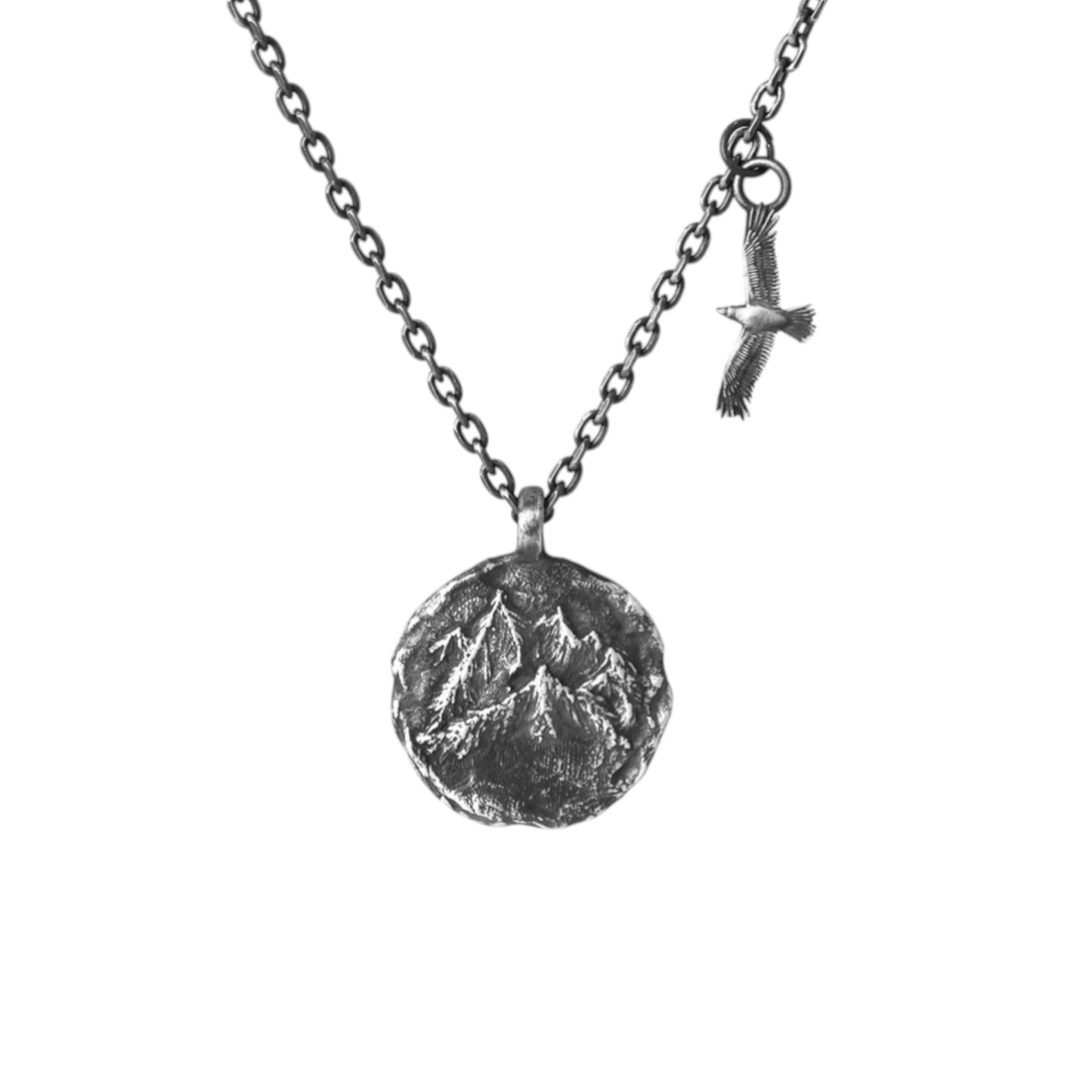 S999 Fine Silver Mountain and Eagle Pendant Necklace