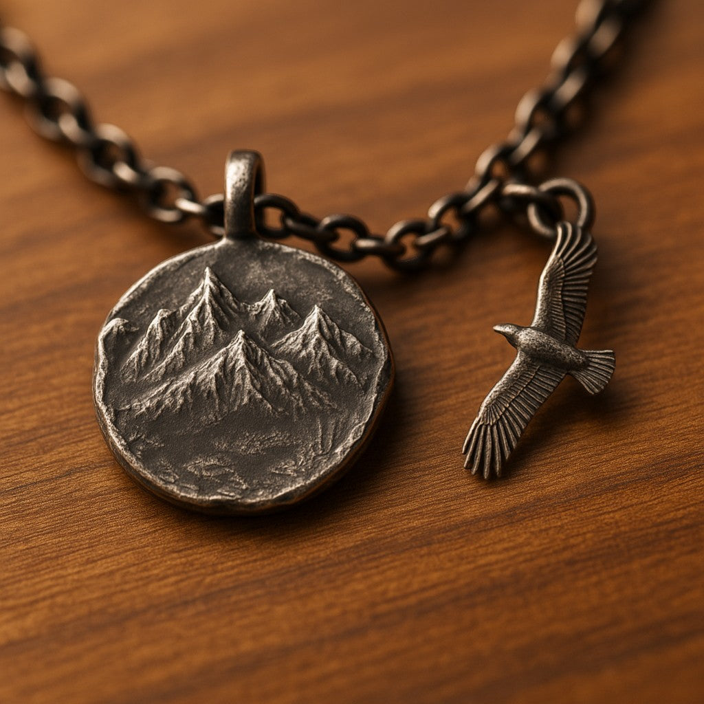 S999 Fine Silver Mountain and Eagle Pendant Necklace