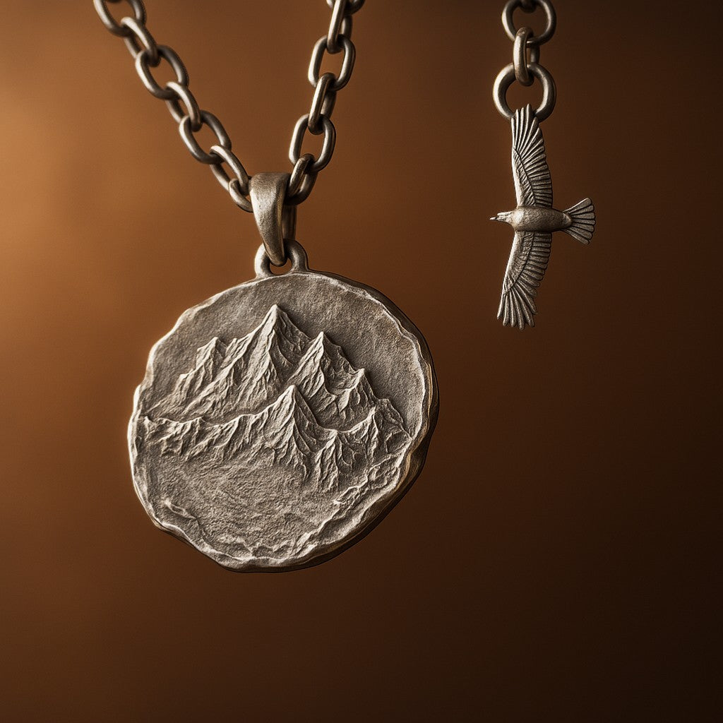 S999 Fine Silver Mountain and Eagle Pendant Necklace