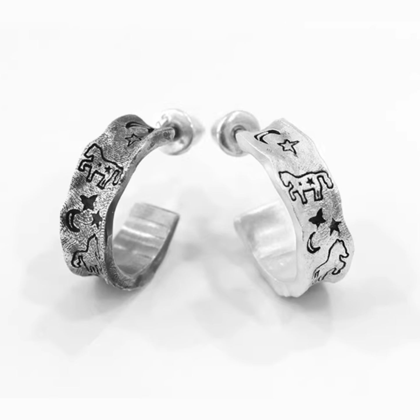 S999 Fine Silver Vintage Dream Horse Hoop Stud Earring