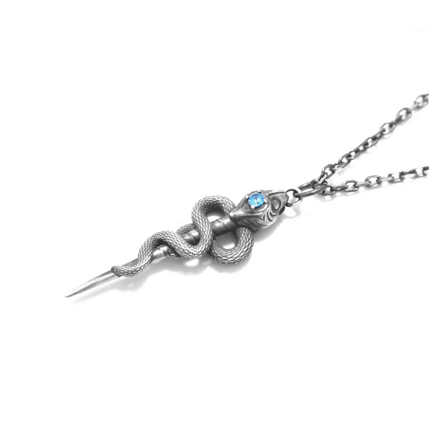 s999 Fine Silver Snake Staff Pendant Necklace Vintage Guardian Design