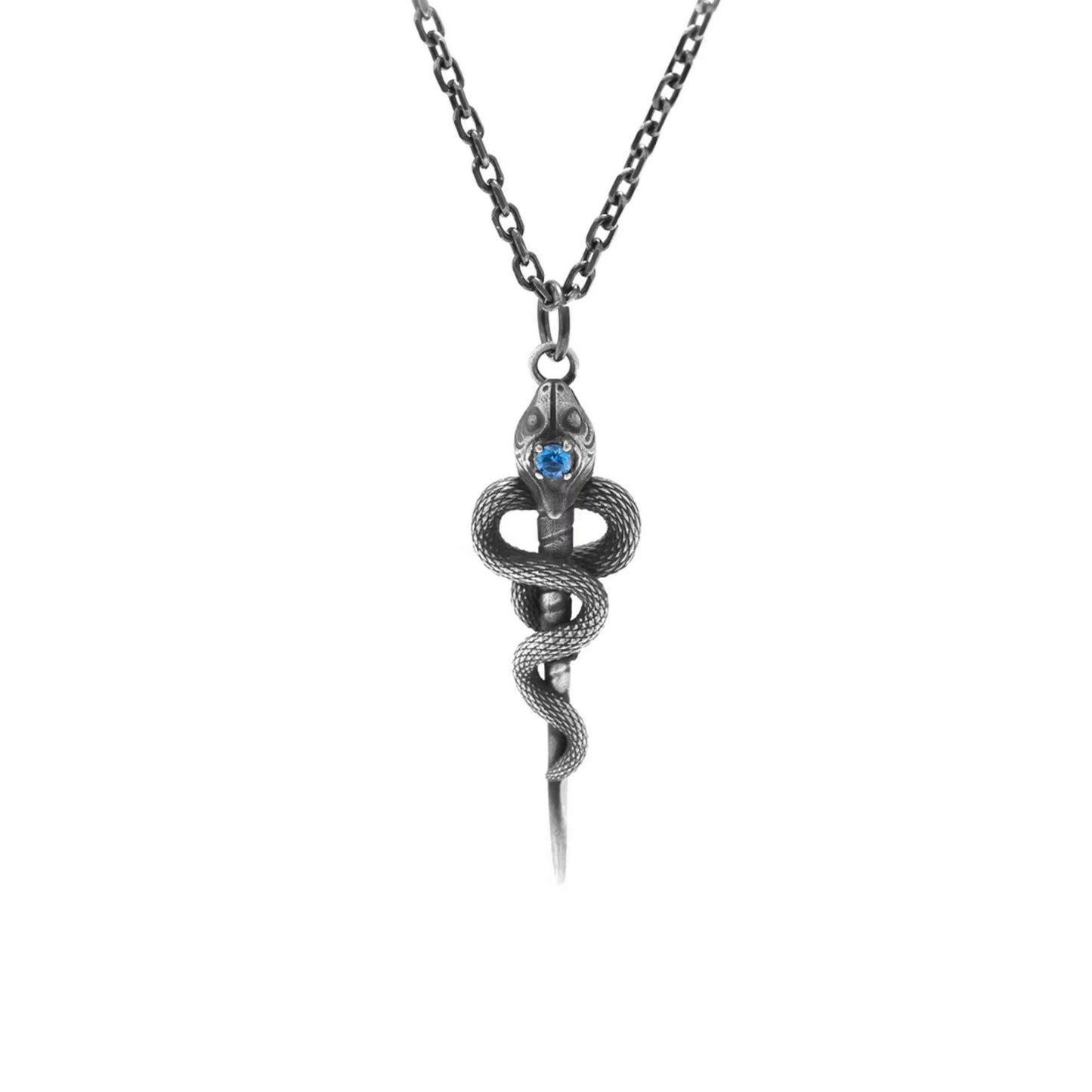 s999 Fine Silver Snake Staff Pendant Necklace Vintage Guardian Design