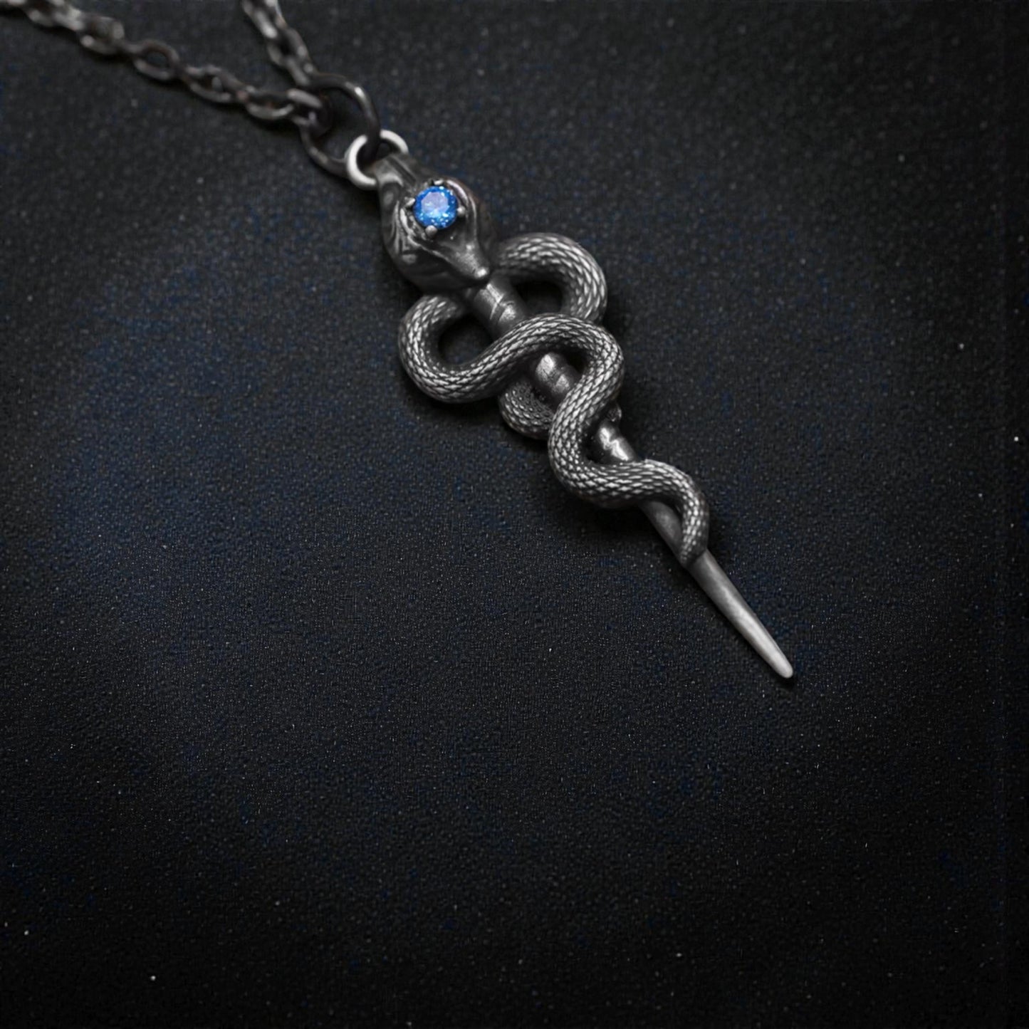 s999 Fine Silver Snake Staff Pendant Necklace Vintage Guardian Design