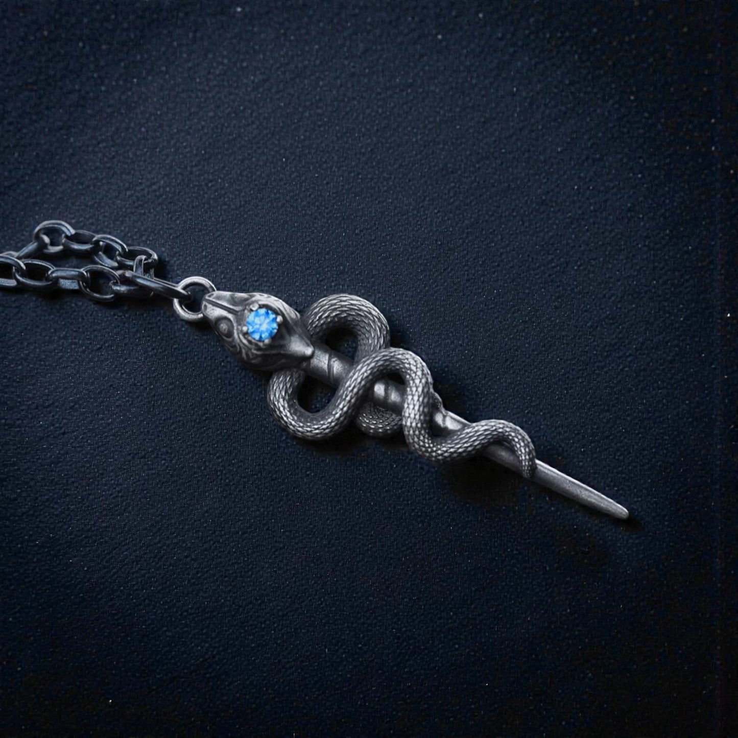 s999 Fine Silver Snake Staff Pendant Necklace Vintage Guardian Design