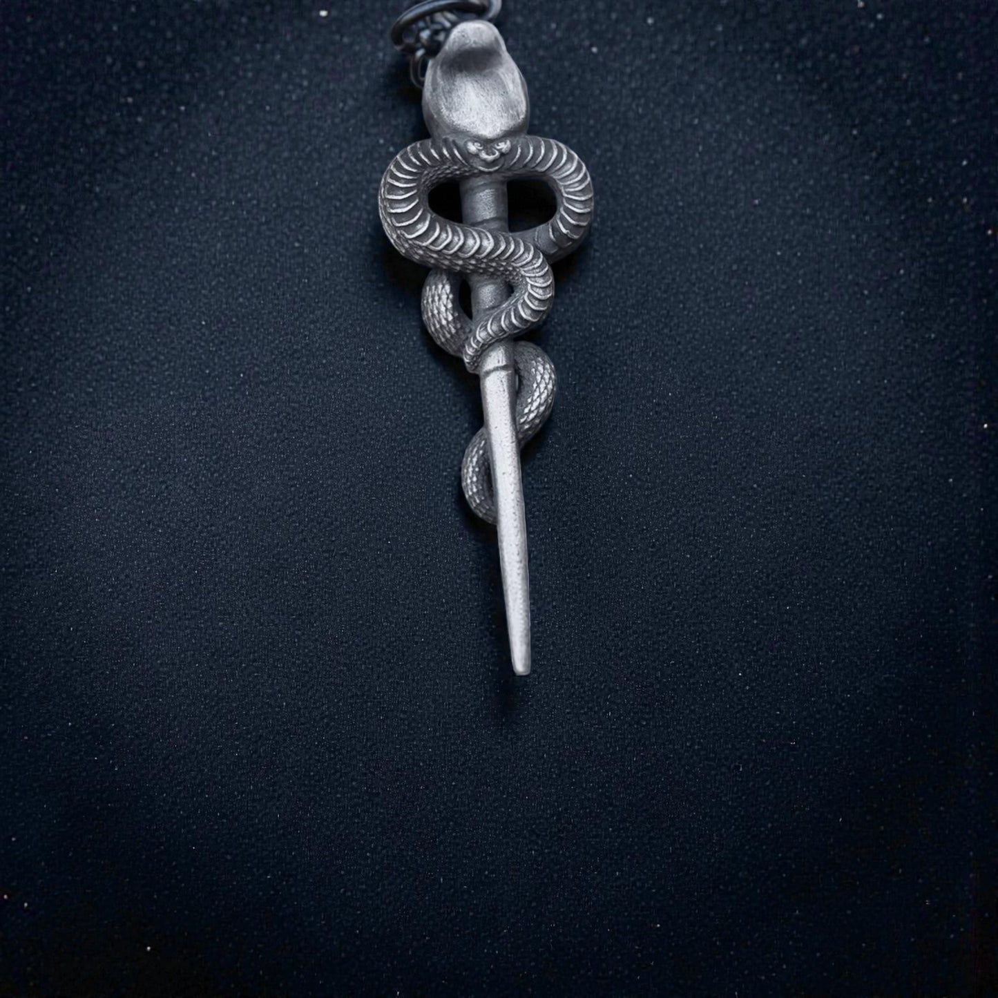 s999 Fine Silver Snake Staff Pendant Necklace Vintage Guardian Design
