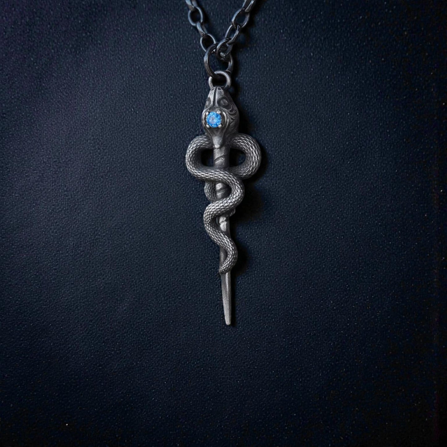 s999 Fine Silver Snake Staff Pendant Necklace Vintage Guardian Design