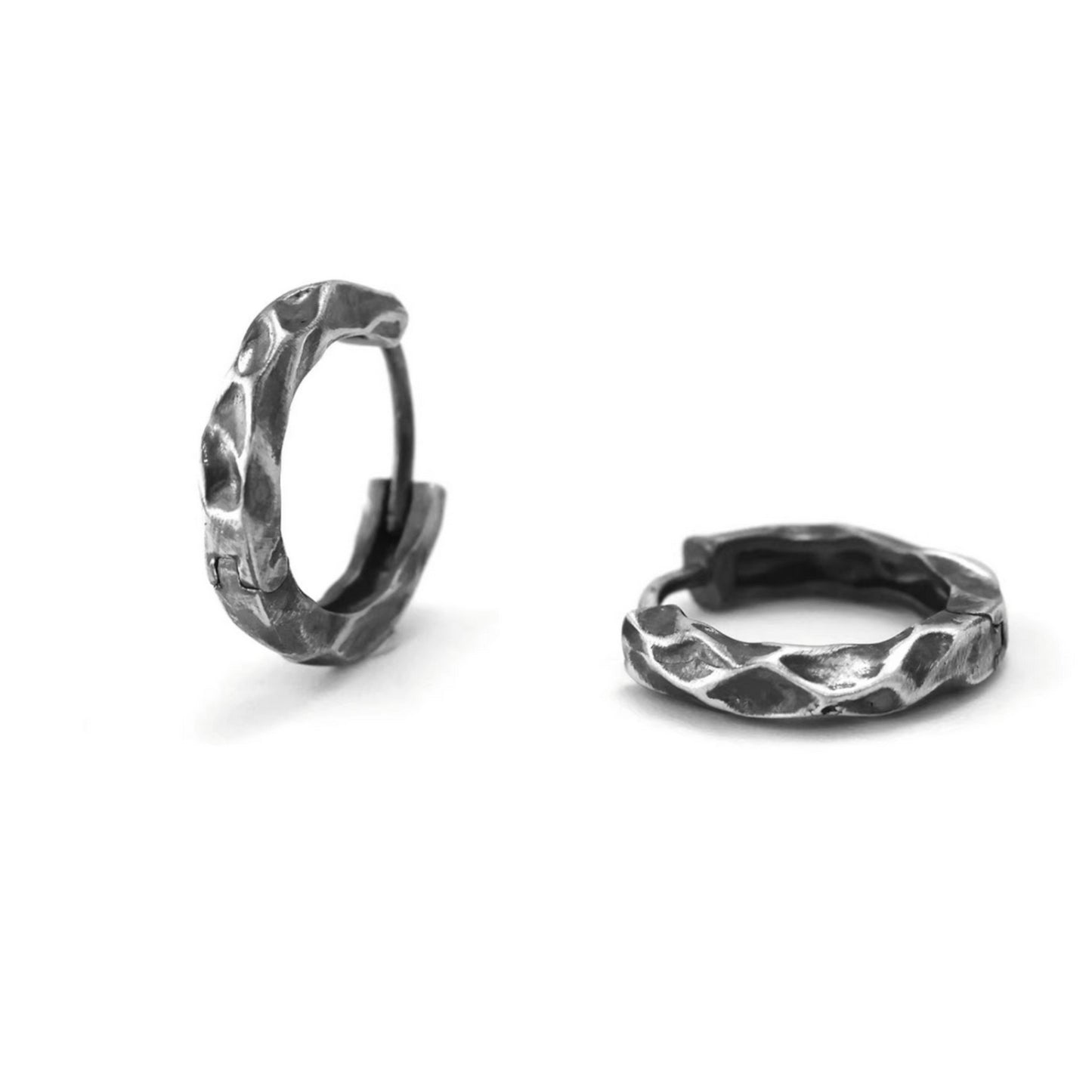 S999 Fine Silver Vintage Hammered Minimal Men Women Hoop Earrings