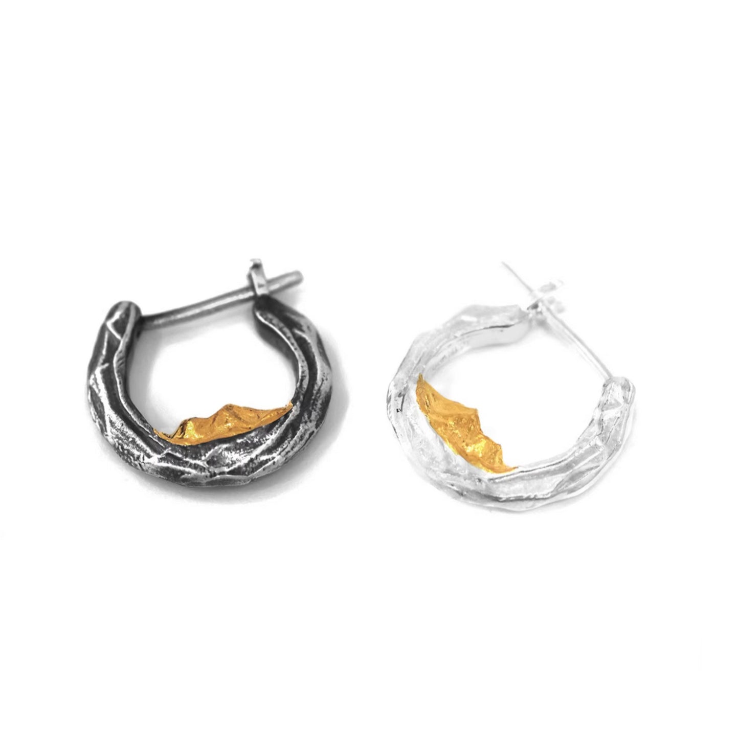 S999 Fine Silver Sunlit Golden Mountain Hoop Unisex Earrings Nature Design