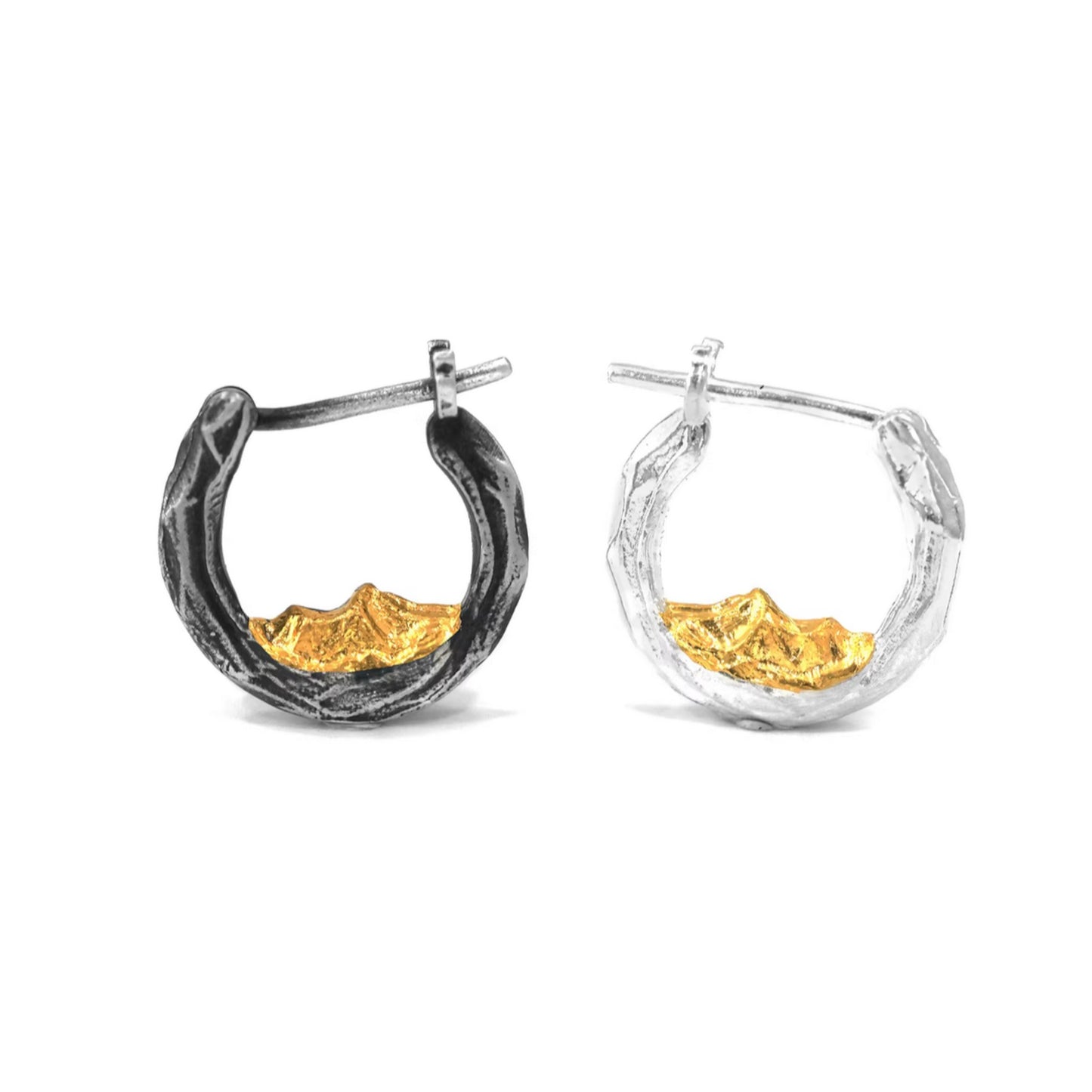 S999 Fine Silver Sunlit Golden Mountain Hoop Unisex Earrings Nature Design