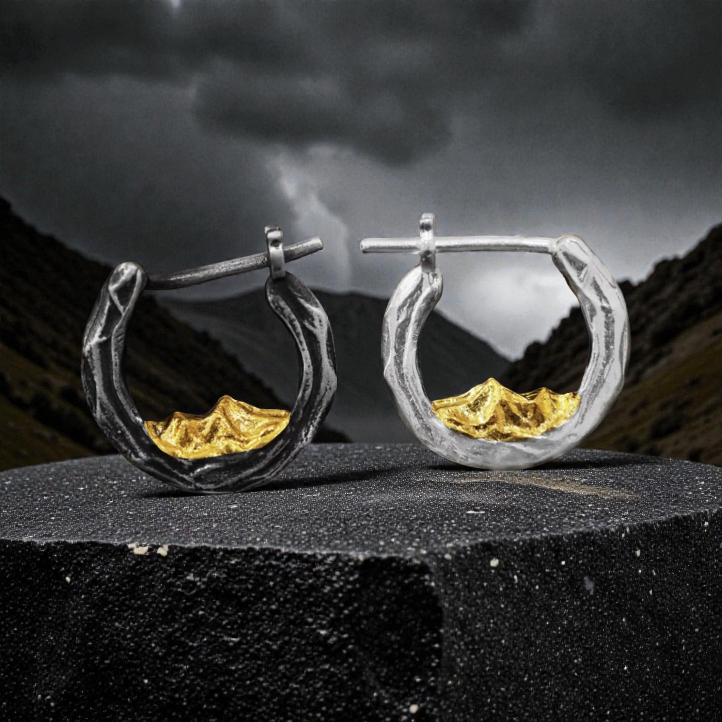 S999 Fine Silver Sunlit Golden Mountain Hoop Unisex Earrings Nature Design
