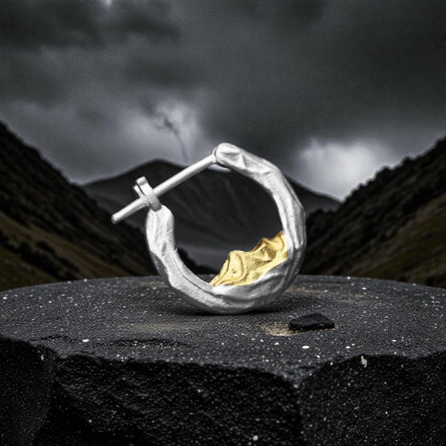 S999 Fine Silver Sunlit Golden Mountain Hoop Unisex Earrings Nature Design