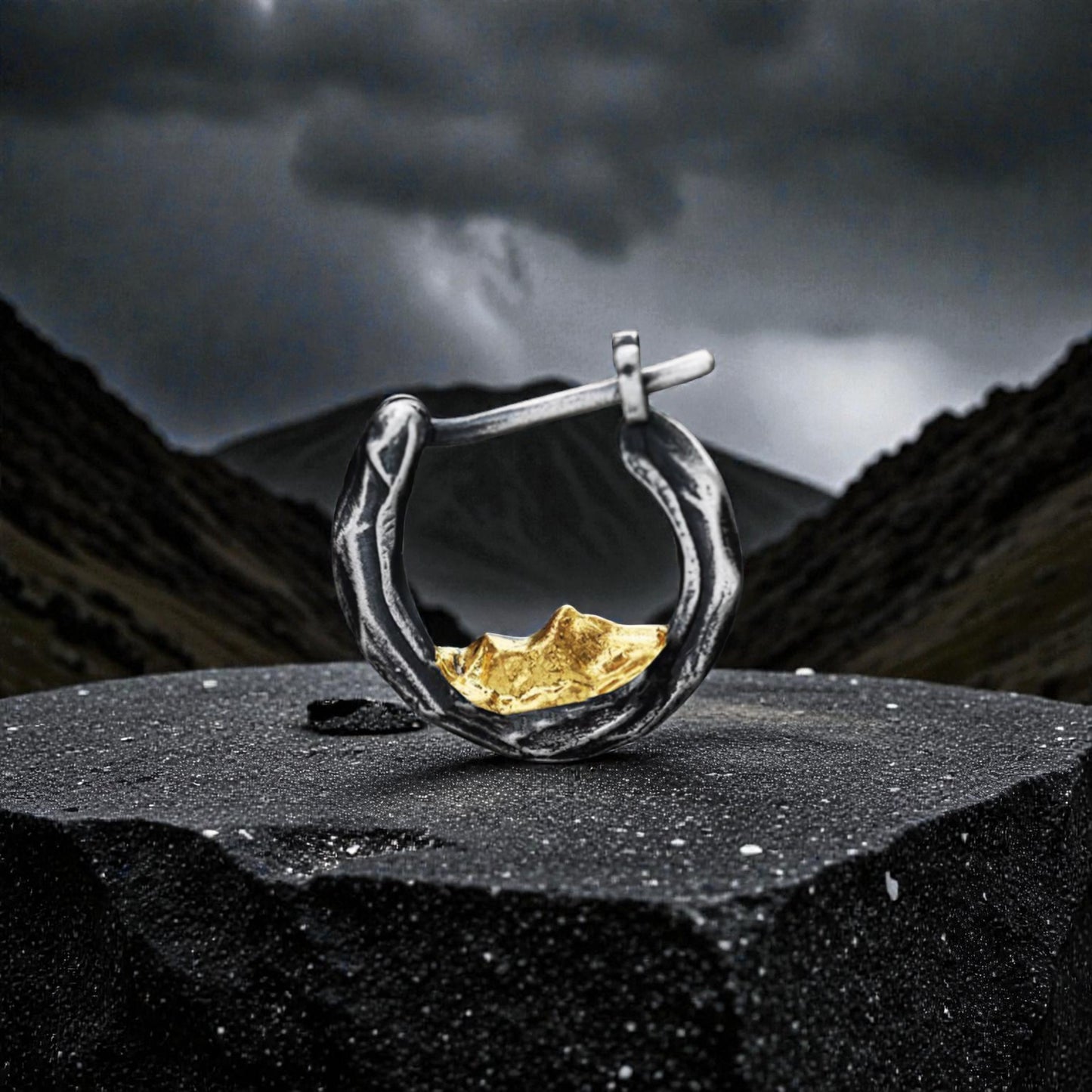 S999 Fine Silver Sunlit Golden Mountain Hoop Unisex Earrings Nature Design