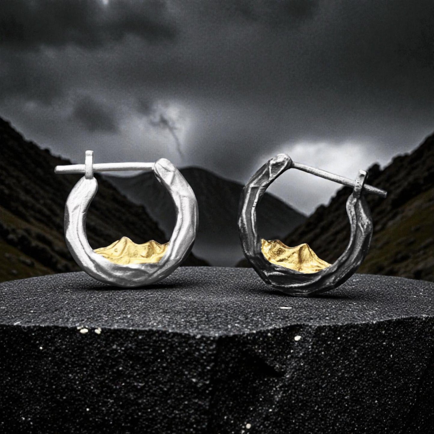S999 Fine Silver Sunlit Golden Mountain Hoop Unisex Earrings Nature Design