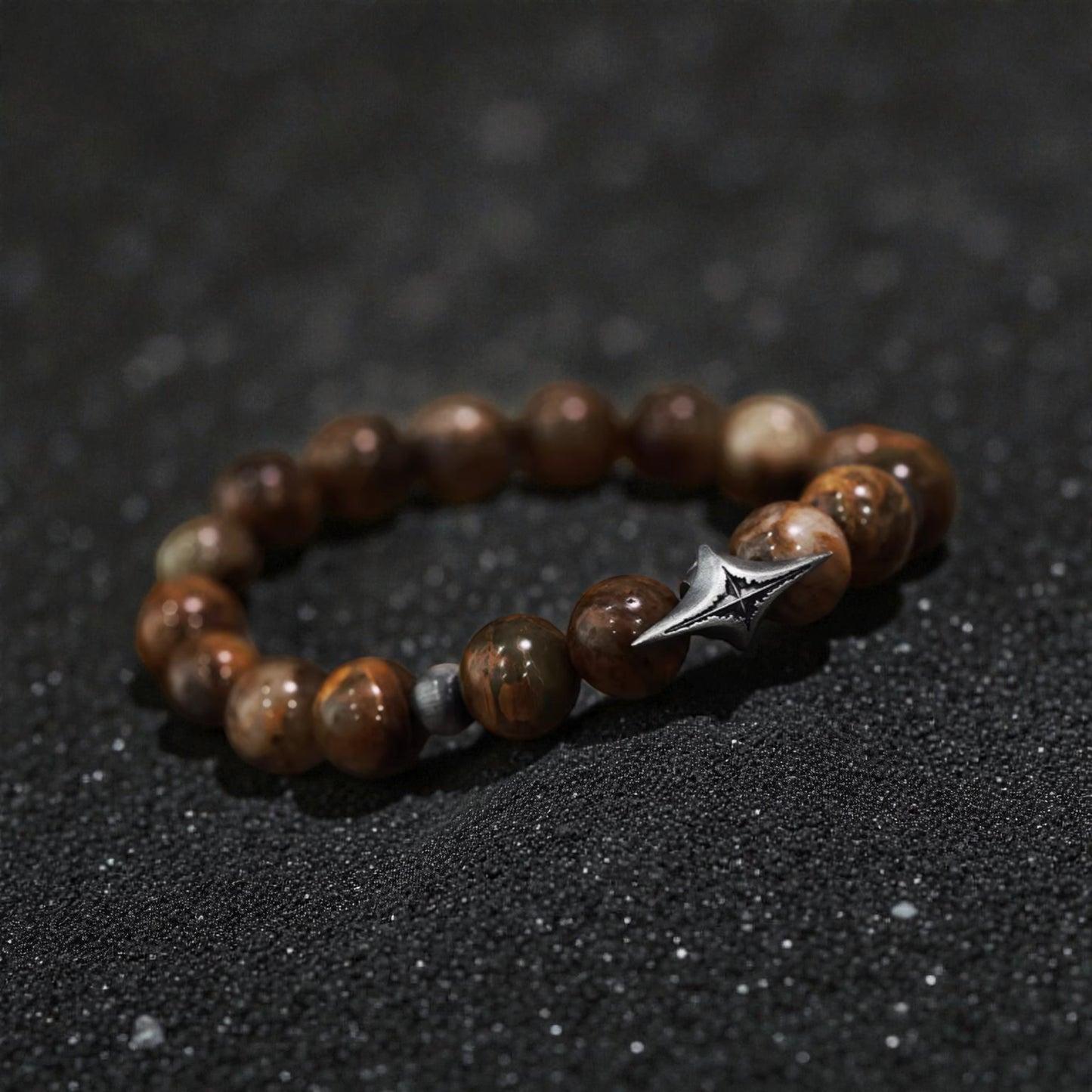 S999 Fine Silver Vintage Starlight Earth Natural Yellow Pietersite Beads Bracelet