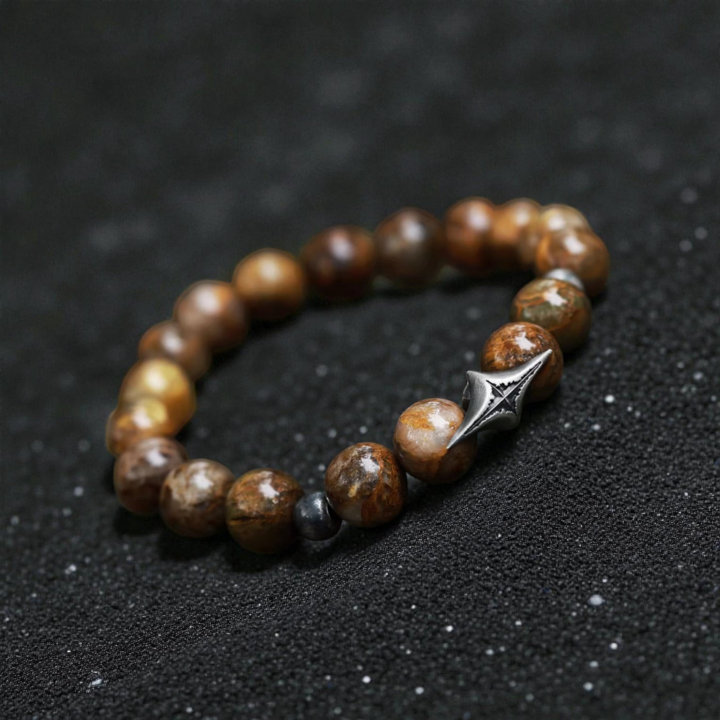 S999 Fine Silver Vintage Starlight Earth Natural Yellow Pietersite Beads Bracelet