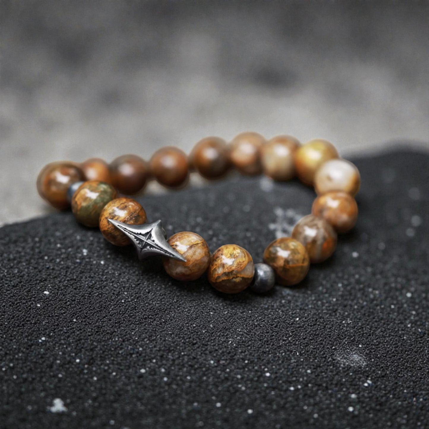 S999 Fine Silver Vintage Starlight Earth Natural Yellow Pietersite Beads Bracelet