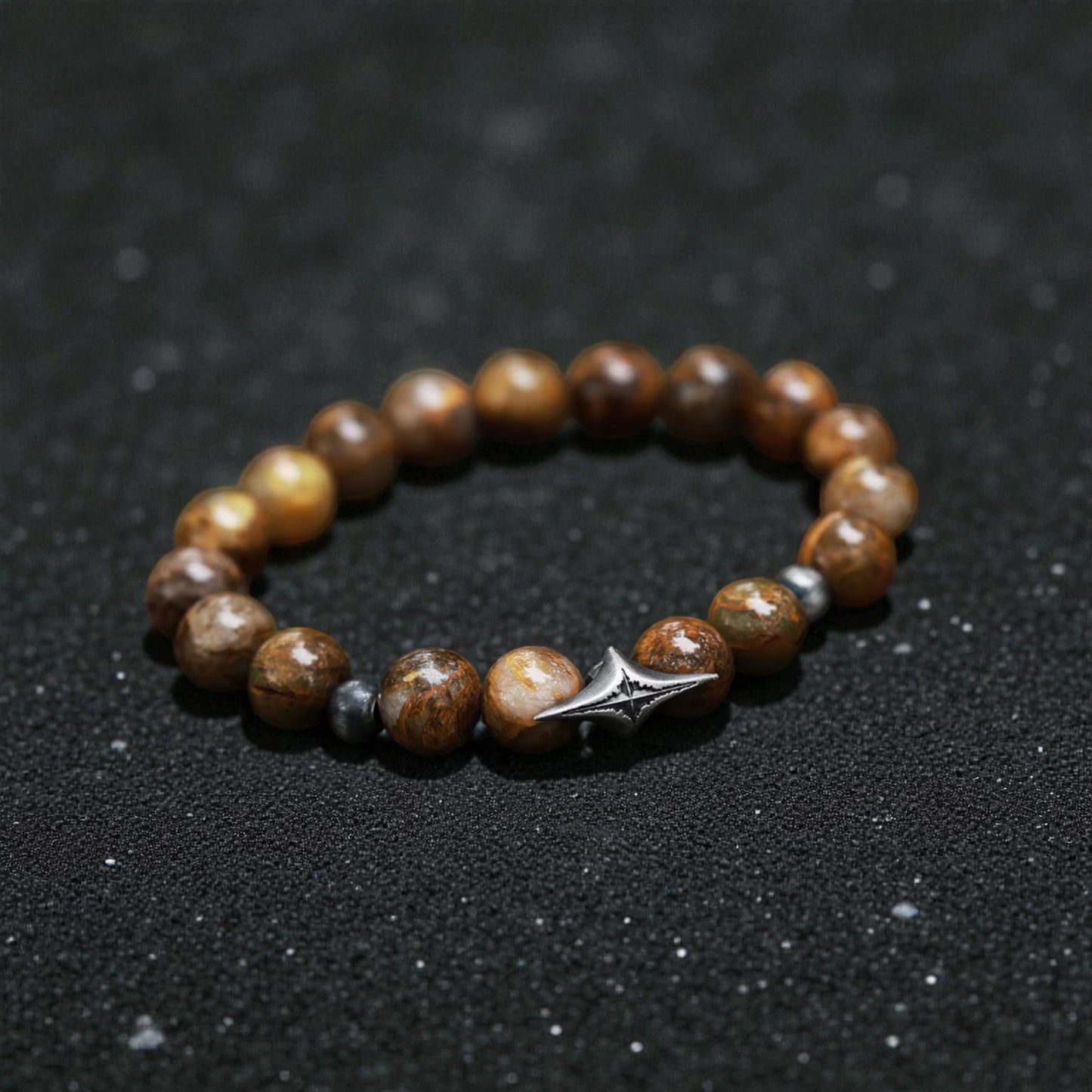 S999 Fine Silver Vintage Starlight Earth Natural Yellow Pietersite Beads Bracelet