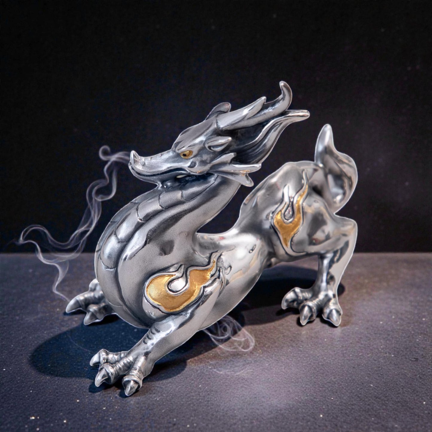 Handcrafted 999 Fine Silver Gilded Chi Dragon Tea Table Ornament Prosperity Symbol