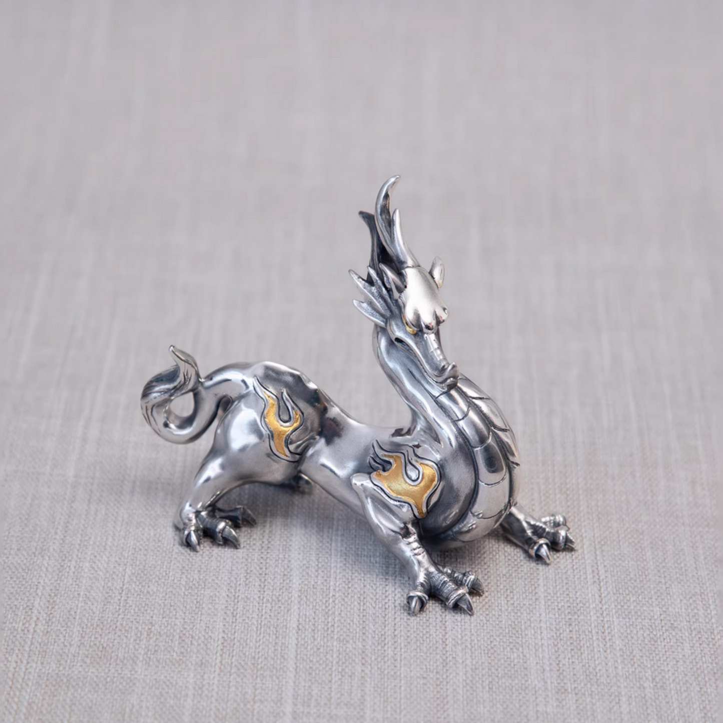 Handcrafted 999 Fine Silver Gilded Chi Dragon Tea Table Ornament Prosperity Symbol