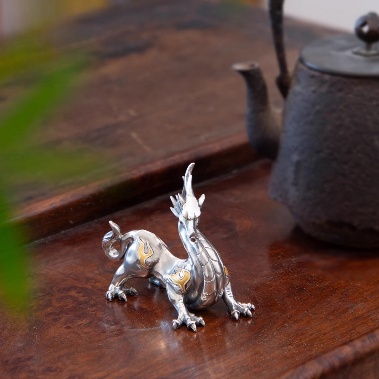 Handcrafted 999 Fine Silver Gilded Chi Dragon Tea Table Ornament Prosperity Symbol