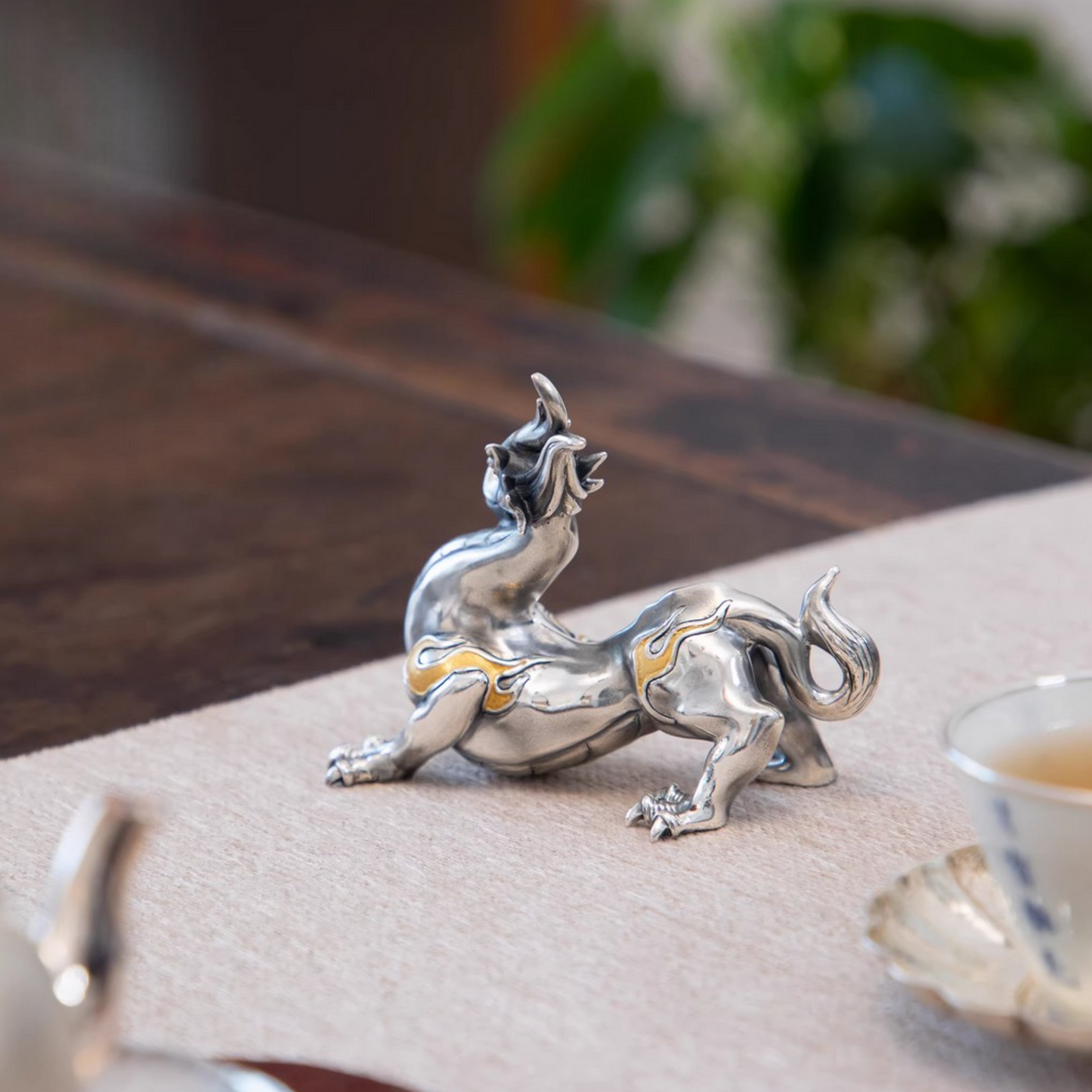 Handcrafted 999 Fine Silver Gilded Chi Dragon Tea Table Ornament Prosperity Symbol