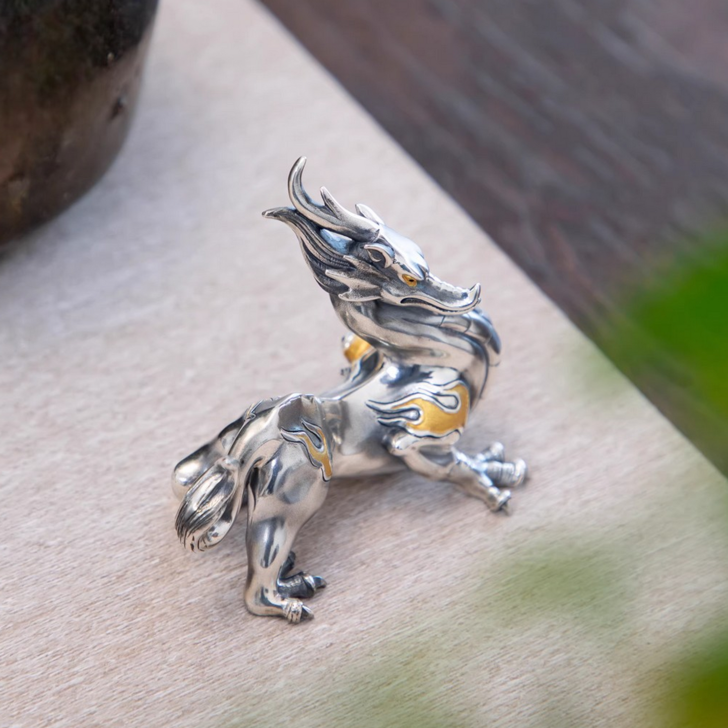 Handcrafted 999 Fine Silver Gilded Chi Dragon Tea Table Ornament Prosperity Symbol