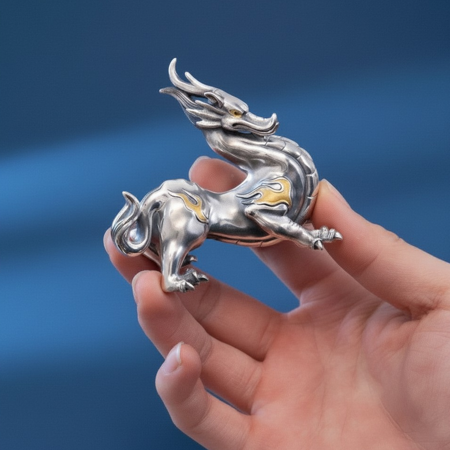 Handcrafted 999 Fine Silver Gilded Chi Dragon Tea Table Ornament Prosperity Symbol