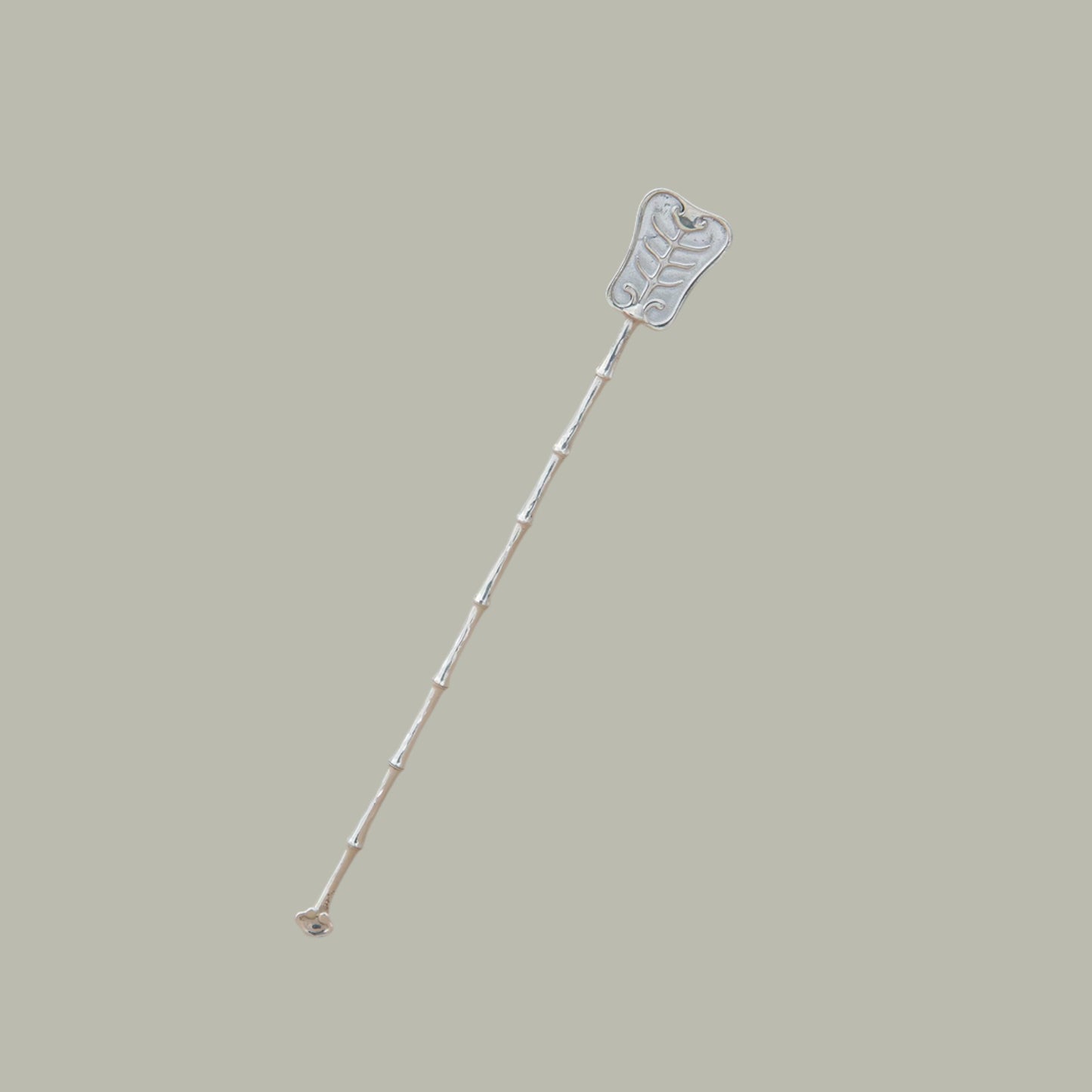 S999 Fine Silver Handcrafted Bamboo Joint Minimal Banana Leaves Fan Kung Fu Tea Scoop