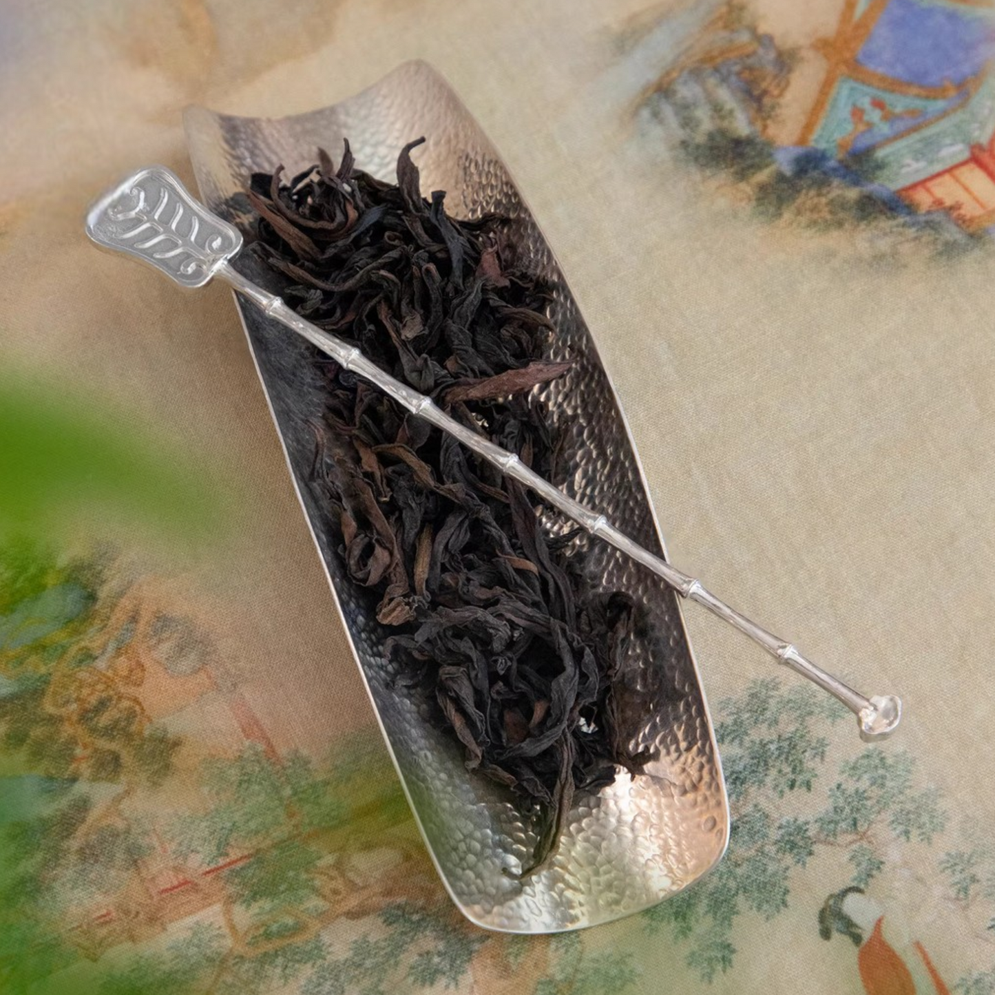 S999 Fine Silver Handcrafted Bamboo Joint Minimal Banana Leaves Fan Kung Fu Tea Scoop