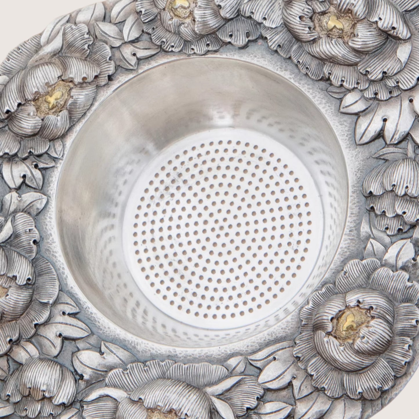 s999 Fine Silver Peony Flower Tea Strainer Hand-engraved Base Set