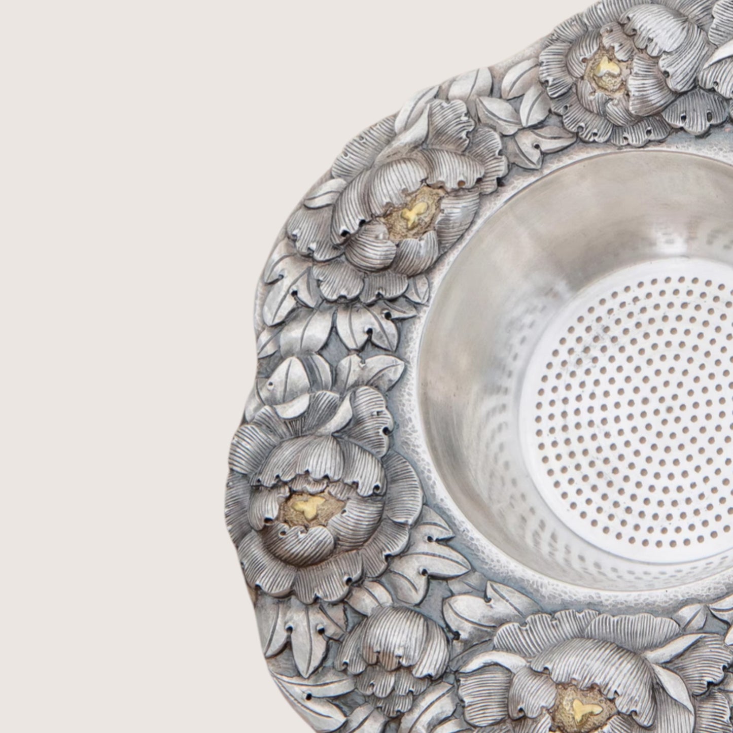 s999 Fine Silver Peony Flower Tea Strainer Hand-engraved Base Set