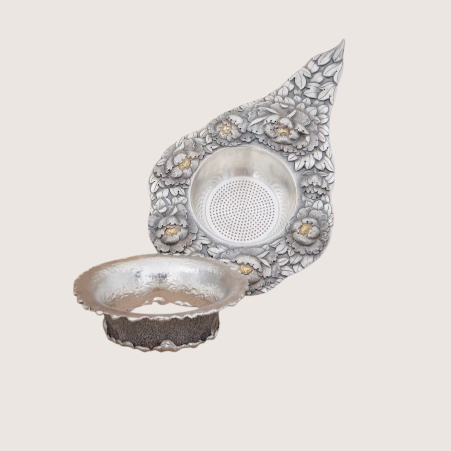 s999 Fine Silver Peony Flower Tea Strainer Hand-engraved Base Set