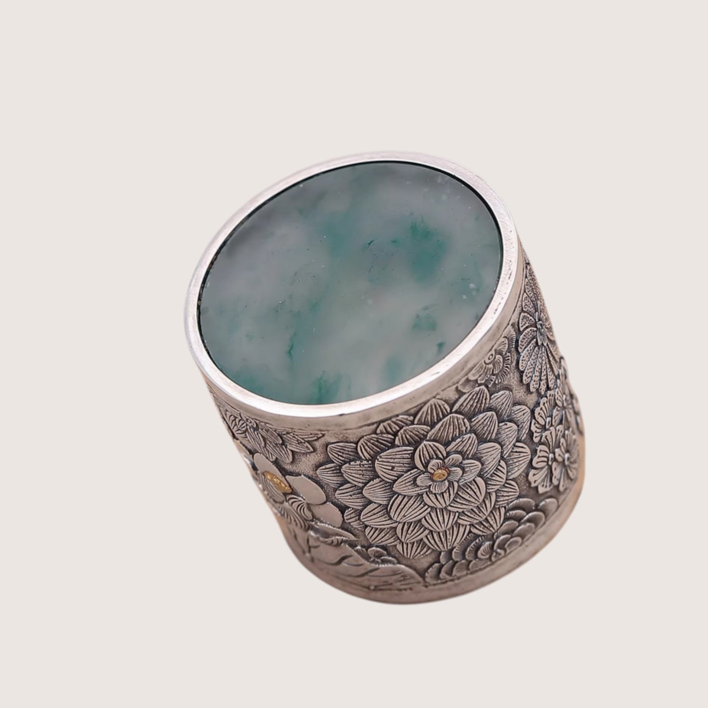 s999 Fine Silver Jade Engraved Flower Tea Pot Cover Stand Accessory