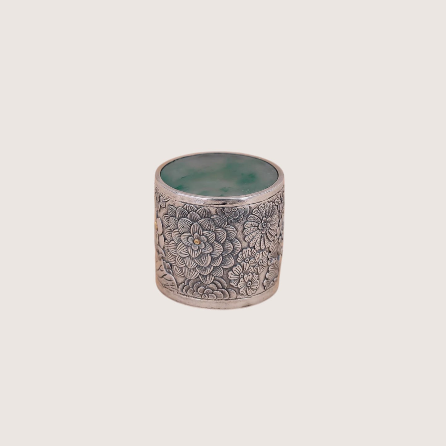 s999 Fine Silver Jade Engraved Flower Tea Pot Cover Stand Accessory