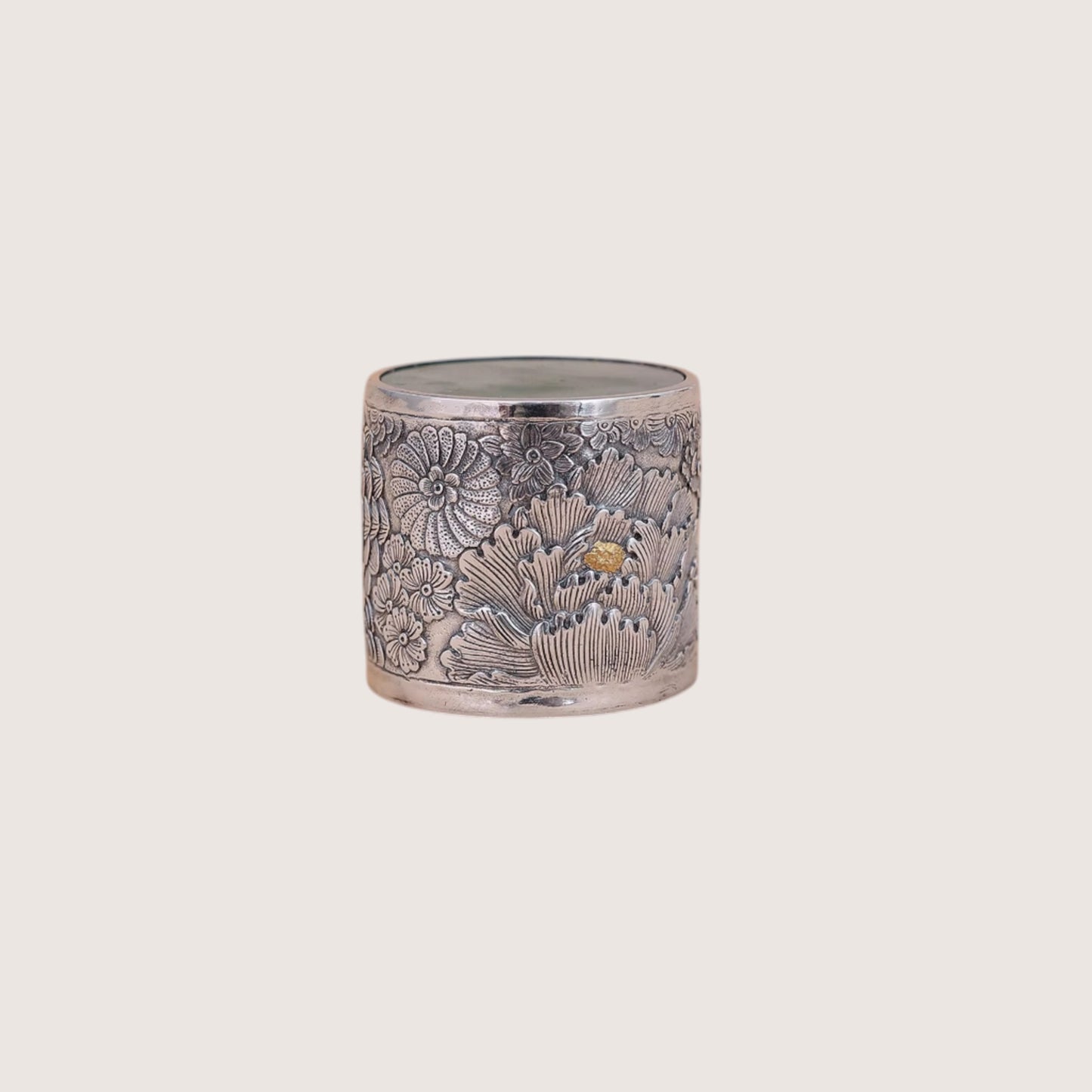 s999 Fine Silver Jade Engraved Flower Tea Pot Cover Stand Accessory