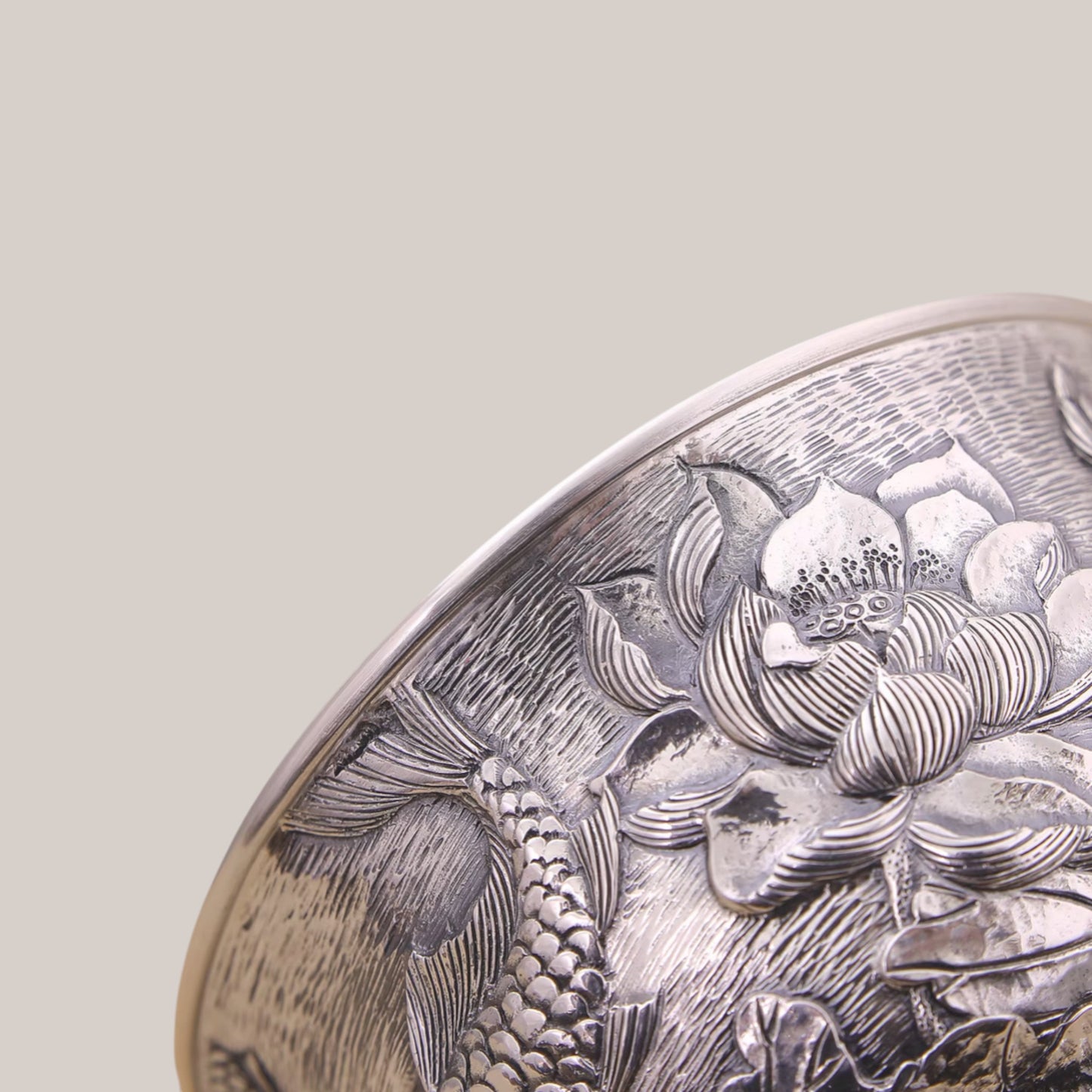 s999 Fine Silver Lotus Koi Fish Lucky Hand Engraved Tea Cup