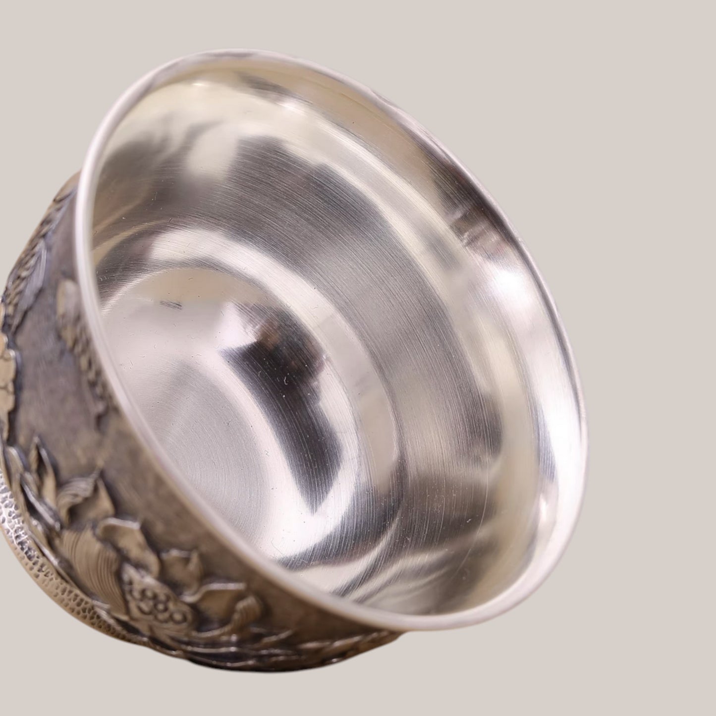 s999 Fine Silver Lotus Koi Fish Lucky Hand Engraved Tea Cup