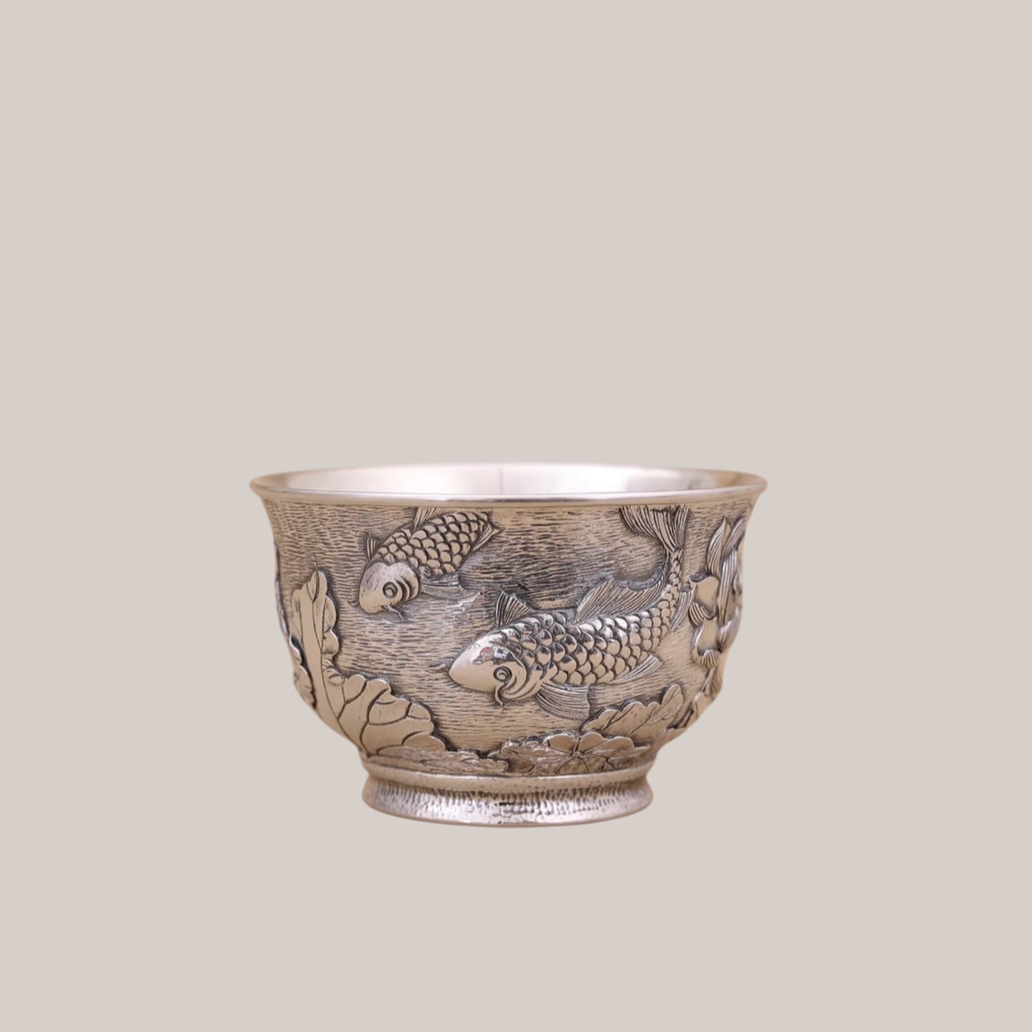 s999 Fine Silver Lotus Koi Fish Lucky Hand Engraved Tea Cup