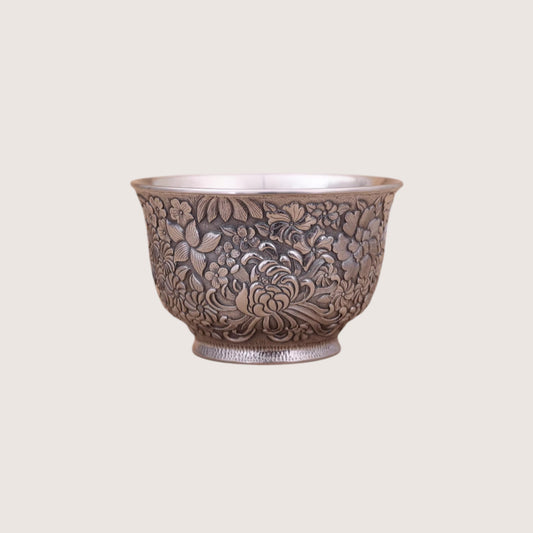 s999 Fine Silver teacup Flower Pattern Cup