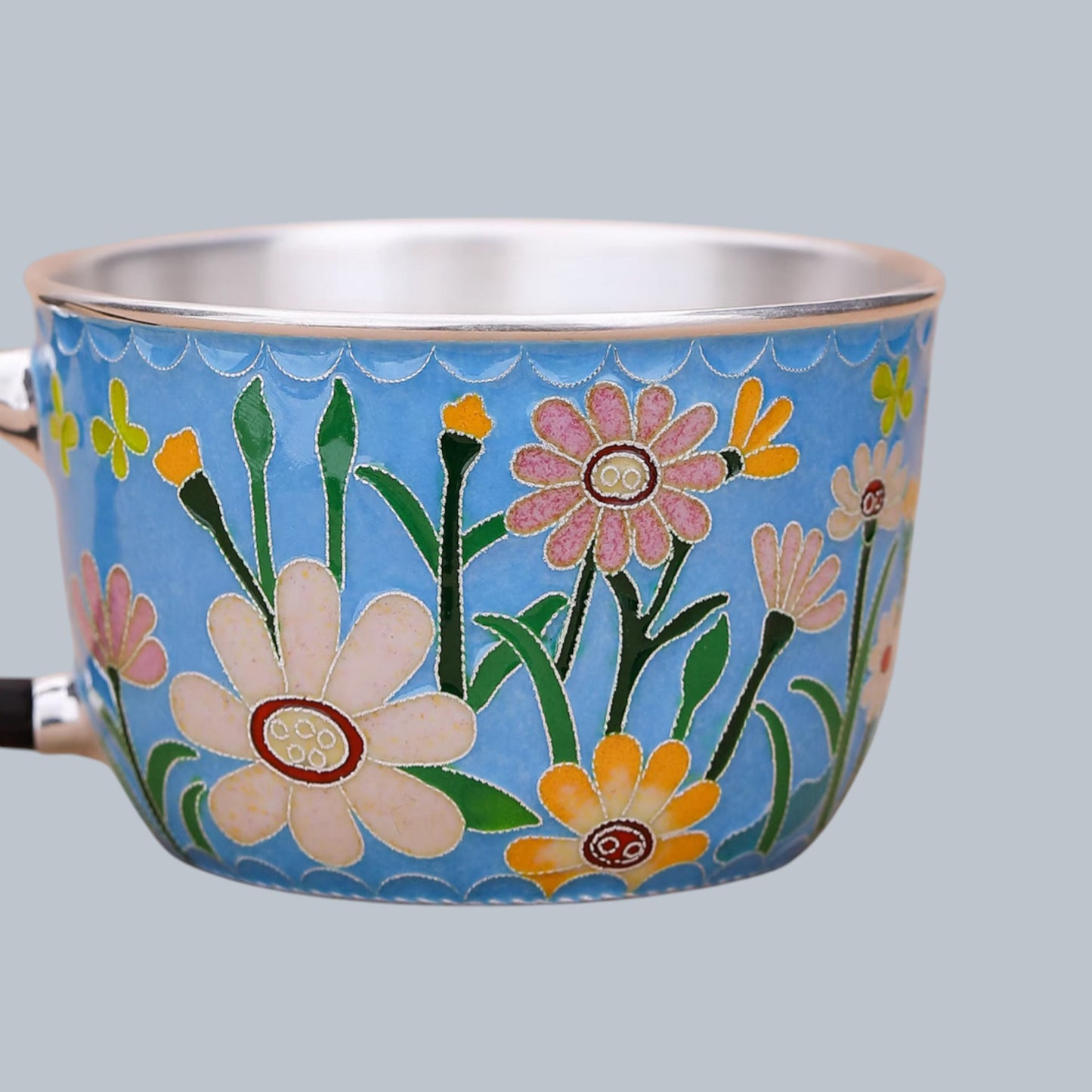 s999 Fine Silver Floral Mug Handmade Cloisonné Small Teacup Coffee Cup