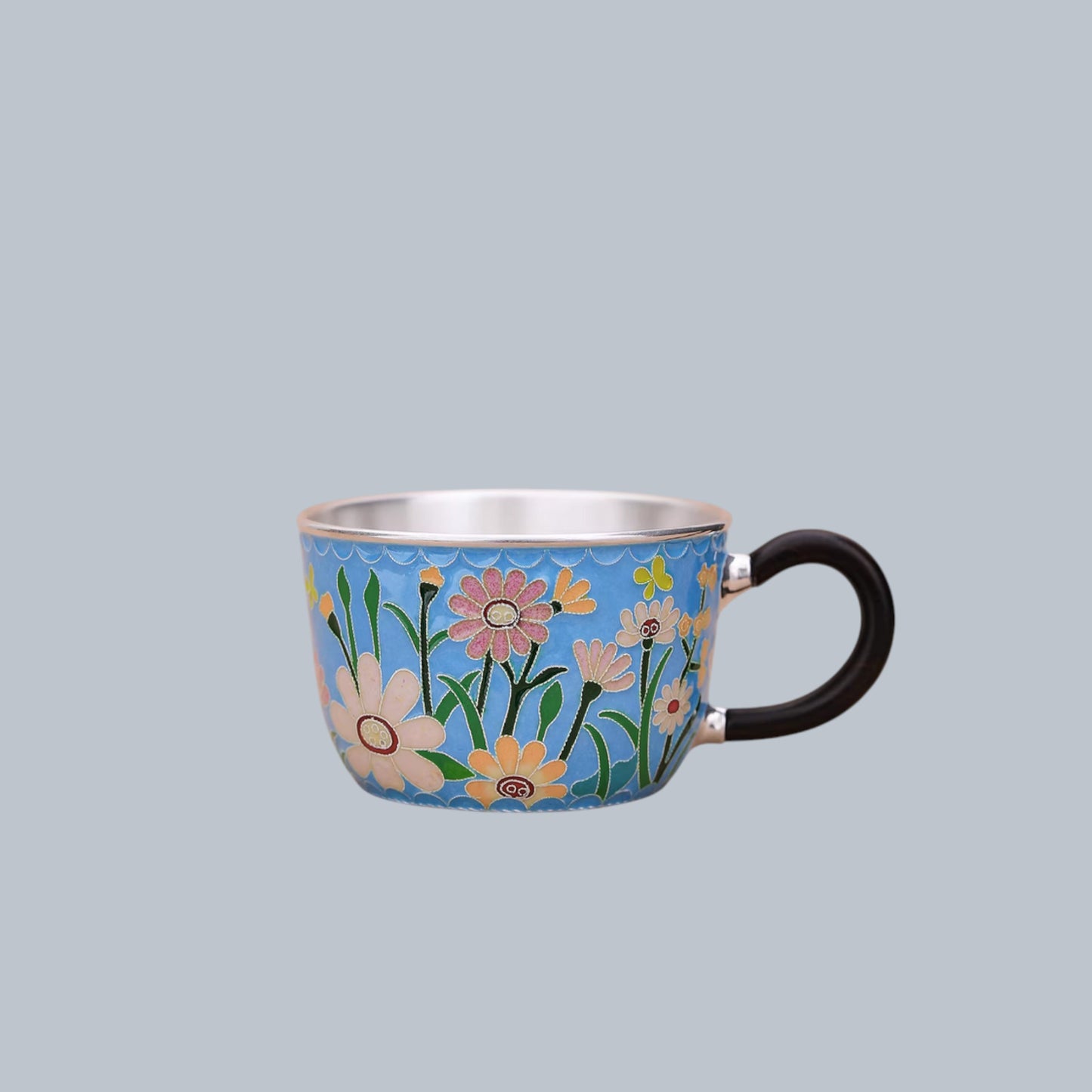 s999 Fine Silver Floral Mug Handmade Cloisonné Small Teacup Coffee Cup