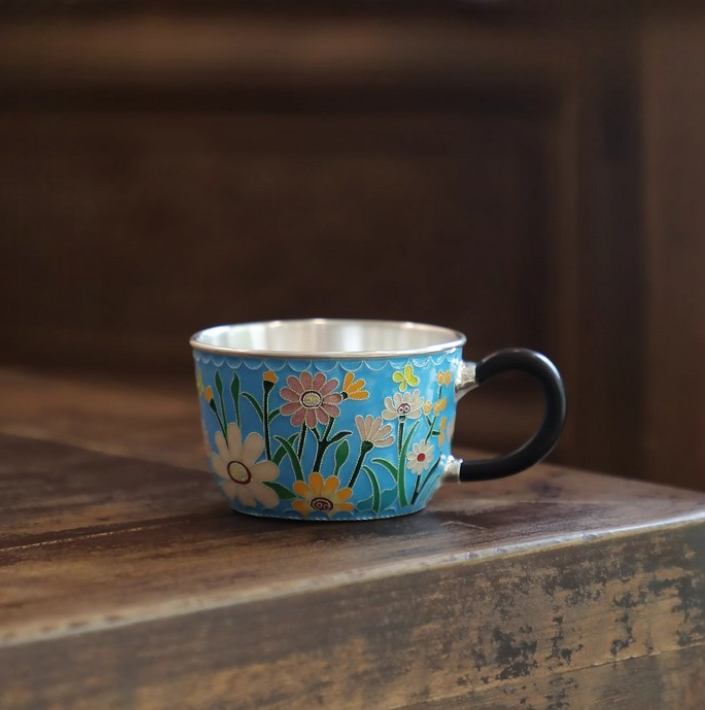 s999 Fine Silver Floral Mug Handmade Cloisonné Small Teacup Coffee Cup