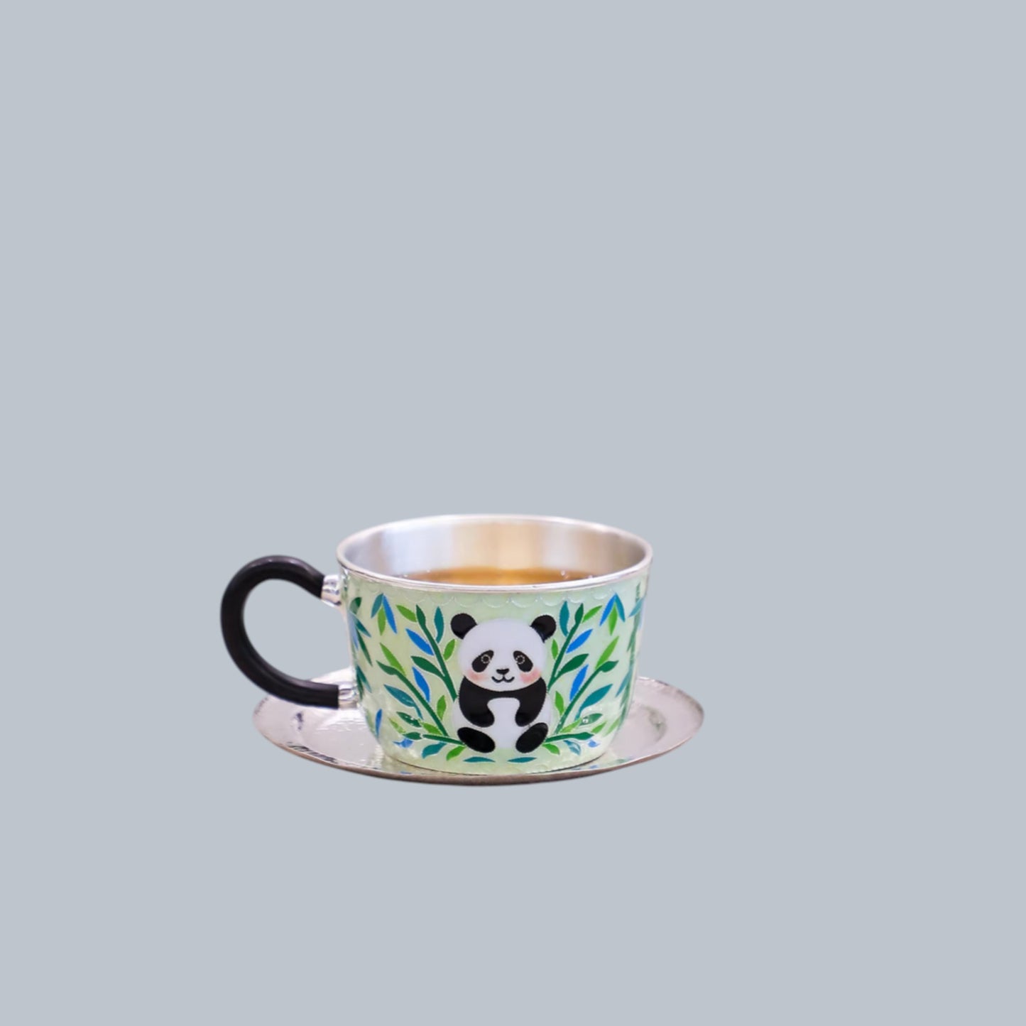 s999 Fine Silver Panda Mug Handmade Cloisonné Small Teacup Coffee Cup