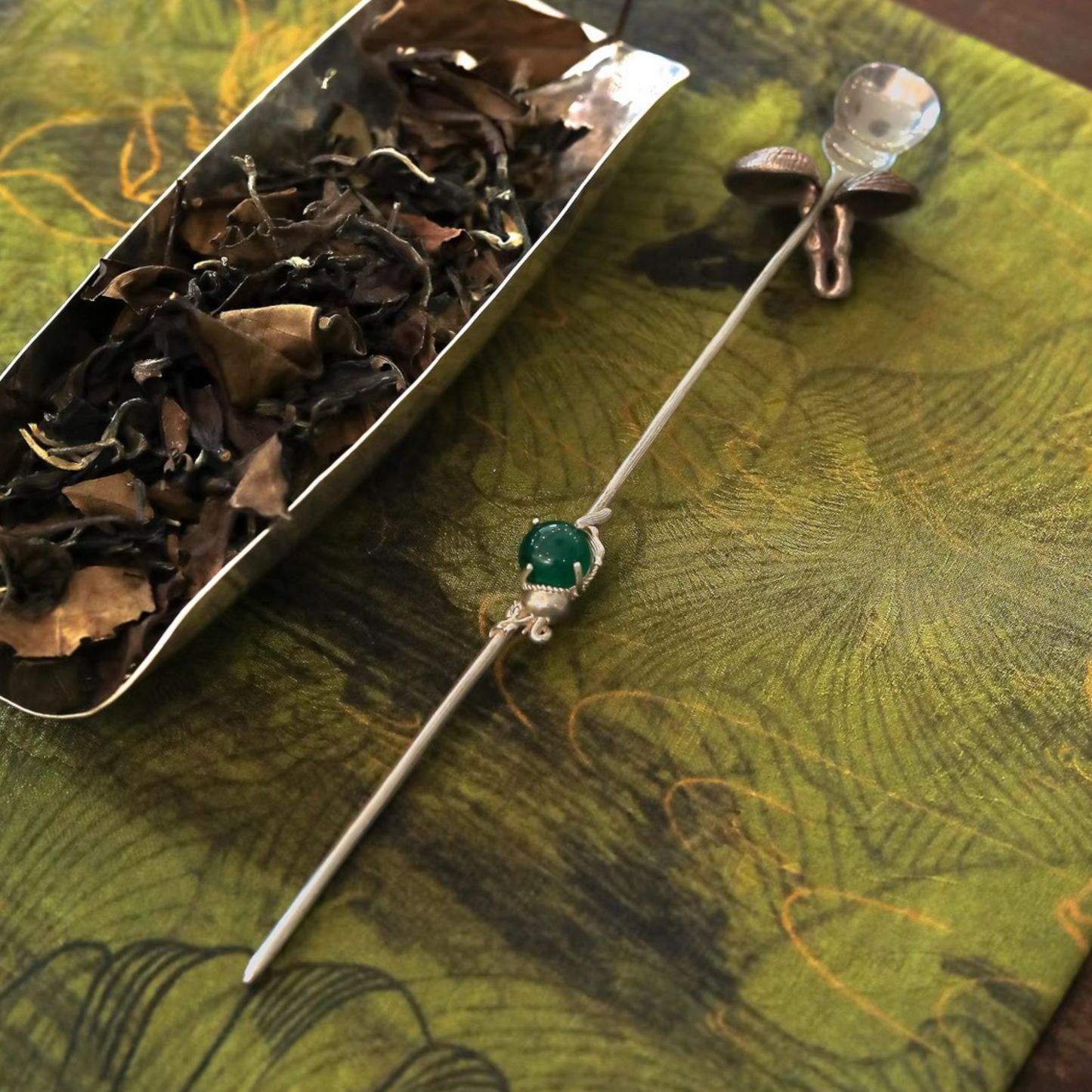 S999 Fine Silver Handcrafted Jade Gourd Tea Scoop Spoon