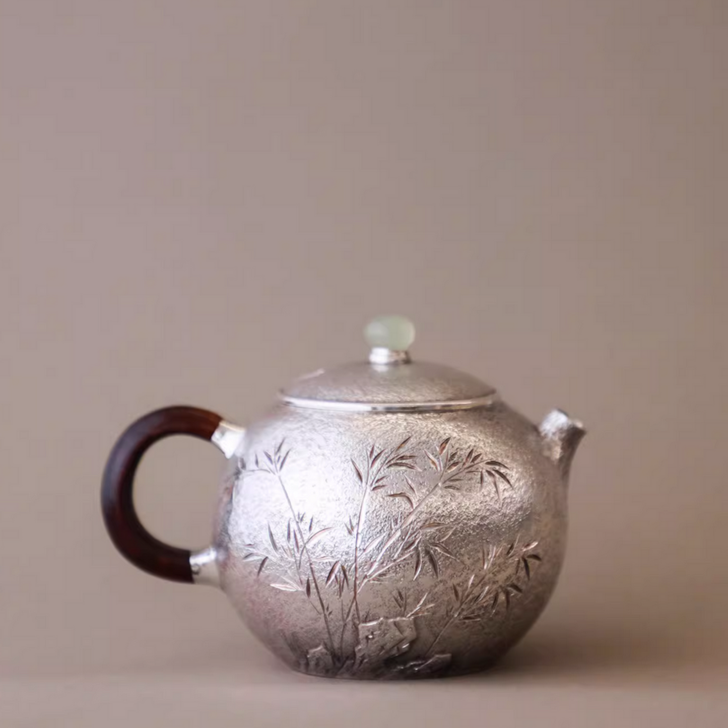 s999 Fine Silver Bamboo handle Minimalist Tea Kettle Pot