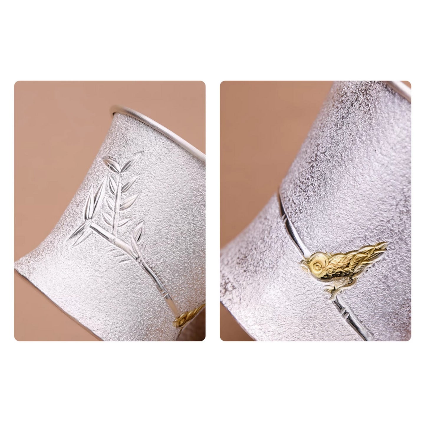 s999 Handmade fine silver matte ‘Goldfinch’ Mug Sandalwood Handle Suitable for tea, coffee