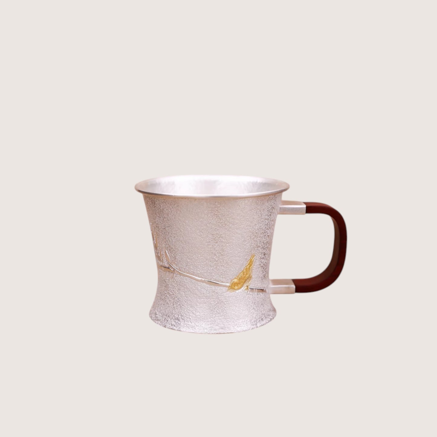 s999 Handmade fine silver matte ‘Goldfinch’ Mug Sandalwood Handle Suitable for tea, coffee